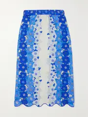 [Farm Rio] Farm Rio - Scalloped Floral-print Linen-blend Midi Skirt - Blue - x small x small Blue
