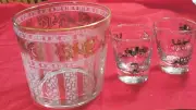 Vintage Ice Bucket, 2 Glasses With Antique Cars Design Barware New Old Stock