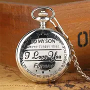 "To MY SON" Laser Word Quartz Pocket Watch Unique Pendant Chain Boy Xmas Gifts