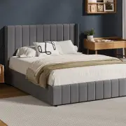 Oikiture Bed Frame Double Size Gas Lift Base with Storage Velvet Grey