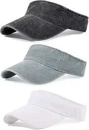 [Qlauca] 3 Pack Sun Visors for Women Men Cooling Lightweight Sports Sun Hats Adjustable Twill Cotton Run Visor, Black-gray-white, One Size