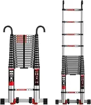 Heavy Duty Folding Telescopic Ladder with Balance Bar and Wheels,Portable Aluminum Household Telescoping Ladder,2 Hook Multi-Purpose Extension Ladder