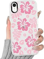 RUMDEY Clear Hibiscus Flower Case for iPhone XR 6.1", Cute Preppy Floral Crystal Pattern Aesthetic Design Soft Slim Anti-Yellow Protective Shockproof TPU Phone Cover for Women Girls - Pink