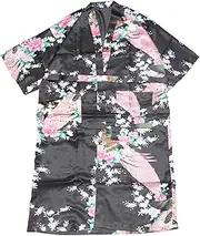 [cheibear] Womens Robes Satin Floral V-Neck Short Sleeve Bride Bridesmaids Nightgown Peacock Print Bathrobe Black Large