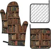 4 pcs Oven Mitts and Pot Holders Set 500°F Heat Resistant Oven Gloves and Hot Pads Kitchen Mittens Library Bookshelf Book Cooking Gloves Potholders for Baking Grilling