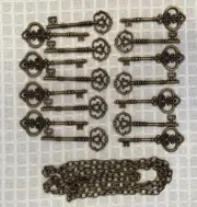 Skeleton Keys, Decorative Bronze Tone Metal with Matching Link Chain, New
