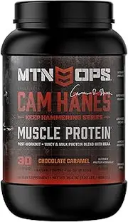 MTN OPS Cameron Hanes Keep Hammering Whey Protein Powder, Chocolate Caramel Flavor, 30 Servings