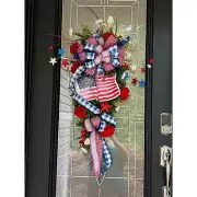 Patriotic Swag Wreath For Front Door, Red White and Blue With USA Flag Sign