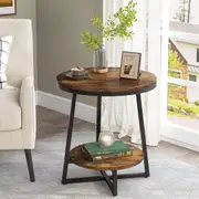 2 Tier Round End Table with Storage Shelf - Industrial Nightstand for Small Spaces