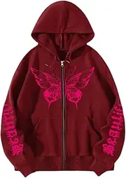 [POHADON] Butterfly Graphic Hoodies for Women Cyber Y2k Oversized Zip Up Pullover Aesthetic Sweatshirts Goth Alt Emo Streetwear