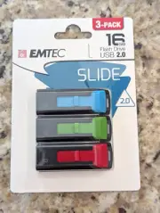 EMTEC SLIDE FLASH DRIVE 3 Pack USB 2.0 16 GB BLUE, GREEN, RED BRAND NEW