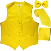New Men's solid Tuxedo Vest Waistcoat & necktie & Bow tie & Hankie yellow prom