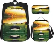 [StOlmx] 3 Pcs Set Backpack,Waterproof Bookbag, Insulated Lunch Bag & Pencil Case Pouch, Travel,Hiking,Reflective Square Print, Sport Golf Ball Sunset Tree, One Size