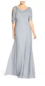 Jenny Yoo Devon Glitter Knit Gown w/ Detachable Capelet, Dusty Blue Size 12