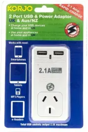 UK USB Power Adaptor, 2X USB Sockets, 1x S/NZ Socket, for England, United