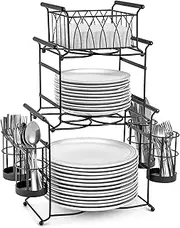 Sorbus Buffet Caddy — 7-Piece Stackable Set Includes Plate, Napkin, and Silverware Holder, 3-Tier Detachable Tabletop Organizer — Ideal for Kitchen, Dining, Entertaining, Parties,Thanksgiving (Black)