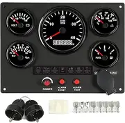 Boat Instrument Panel, 4000RPM Tachometer Fuel Level Water Temperature Oil Pressure Meter Voltmeter 5 Dash Gauge Set for RV Boat Car Truck Marine (Black Dial)