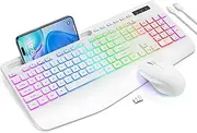 Wireless Keyboard and Mouse Backlits, Wrist Rest, Jiggler Mouse, Rechargeable Ergonomic Keyboard with Phone Holder, Silent Light Up Combo for Computer, Mac, PC, Laptop, Chromebook(White)