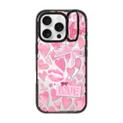 iPhone 16 Pro Impact Ring Stand Case MagSafe Compatible Transparent Pink Hearts Ribbon Stickers Love Cherry Kiss Stars Coquette Collage