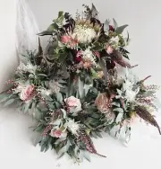 AUSTRALIAN NATIVE FLOWER WDDING BOUQUETS ARTIFICIAL KING PROTEA EUCALYPTUS ROSE