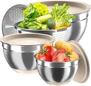 REASOR Stainless Steel Mixing Bowl Set with Airtight Lids, Non-Slip Base & Multi-Functional Colander, 3 Sizes (1.5, 2.5, 6 QT) for Baking, Cooking & Food Storage, Includes Grater Attachments