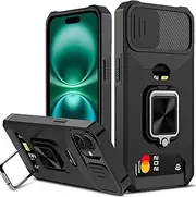 for iPhone 16 Plus Case with Credit Card Holder, Areaphmet Wallet Case Slide Cover Dual Layer Hard PC Rubber Cover Phone Case for iPhone 16 Plus 6.7'' 2024 Black