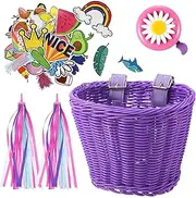 Boao Kid's Bicycle Basket Streamers Set, Unicorn Children's Bike Handlebar Wicker Basket Bike Streamers Bell and Stickers,Bike Basket Front Decoration for Girls