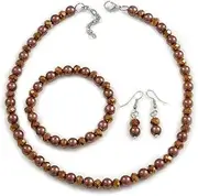[Avalaya] 8mm/Bronze Glass Bead and Brown Faux Pearl Necklace/Flex Bracelet/Drop Earrings Set - 41cmL/4cm Ext, One Size, Glass, glass Created Pearl