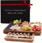 Premium Rectangular Charcuterie Board Cheese Board Set: Acacia Wood, Stainles...
