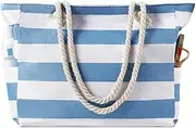 [Tavaleu] Beach Bags for Women - Waterproof Sandproof Large Beach Bags with Zipper Large Tote Swim Pool Bag, Dark Haze Blue Stripes