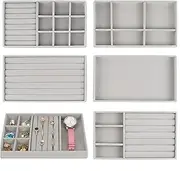 [Hoeryinxa] 6 PCS Jewellery Tray, Velvet Jewellery Insert for Drawers, Stackable Jewellery Organiser, Jewellery Storage Drawer for Earrings, Bracelets,Ring, Brooches,Watches, Necklaces (Grey)