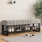 2-Tier Shoe Storage Bench with Padded Seat, Velvet Shoe Rack Bench for Entryway, Bedroom Bench Ottoman, Black Metal Frame