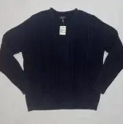 Nordstrom Mens Lamb Wool Blend cable knit sweater Size XL Navy Blue NWT Crew