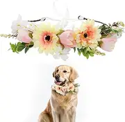 Dog Wedding Flower Collar, Dog Wedding Wreath Bow Dog Flower Garland Flowers Dog Clothes Photo Props Ring for Dog Pet Wedding Decoration