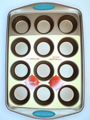 NEW Rachael Ray Cucina 12-Cup Muffin Pan Non-stick Latte Brown Agave Blue Grips