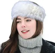 [TRADERPLUS] Women's Faux Fur Headband Earwarmer, Elastic Knitted Winter Earmuff (White, One size)