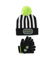 Beetlejuice Youth Faux Fur Pom Beanie Hat & Gripper Print Gloves Set NWT
