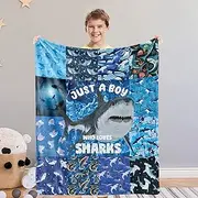 Domgoge Shark Blanket for Boy Just a Boy Who Loves Sharks Blanket Ocean Animals Throw Blankets Gifts for Kids Toddler Warm Lightweight Flannel Fleece Blanket for Couch All Season, Blue, 130cm x 152cm