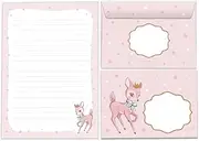 Writing Paper Set Letter Pad with Envelope for Girls Children Motif Unicorn Bambi Deer Letter Paper Pad Lined (A5 Pad with 25 Sheets + 15 Envelopes)