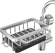Elqater Sponge Holder Over Faucet Kitchen Sink Organizer, Space Aluminum Detachable Hanging Faucet Drain Rack with Hook Easy to Use Silver