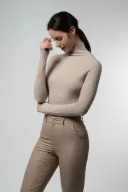 Tahlia Pullover – 100% Wool Super Soft Thick Rib High Neck Long Sleeve Pullover, Beige Grey / XL