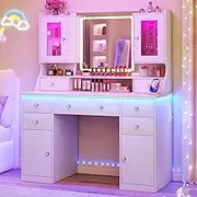 Vanity Desk with Mirror & Lights, 42‘’ Large Makeup Vanity with 2 RGB Jewelry Cabinets & 7 Drawers, White Vanity Table Set with Charging Station, Dressing Table with Lights Desk, 3 Light Modes