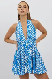 Blue Abstract Playsuit Halter Neck - Size 16, Women's Playsuit