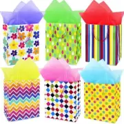 6 Pack Gift Bags Medium Size with Handle and Tissue Paper Colorful Geometric
