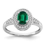 Solid 14k White Gold Oval Created Simulated Emerald and CZ Halo Ring