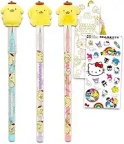 SANRIO Pompompurin Cartridge Pencils Set - Bundle of 3 Pack Refillable Pencils, Hello Kitty Stickers, and More | Pompompurin Writing Instrument for Girls, Boys
