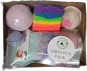 Little Brown Goose Girls Fun Pack. Kids fun box includes bath bombs set (bath bomb x2), mermaid bath dust 400g, natural rainbow soap, plus a mini-bubble scoop ice cream bubble bar