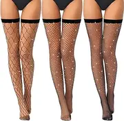 [BBTO] 3 Pairs Women Thigh High Stockings over the Knee Rhinestone Fishnets Black Elastic Fishnet Stockings Mesh High Socks