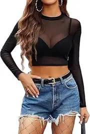 [Generic] Mesh Top Mesh Crop Top for Women Y2K Long Sleeve Mock Neck Top S-XXL