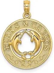 [JewelryWeb] 14ct Gold Turks and Caicos Round Frame With Dolphins In Center Charm Pendant Necklace 24.3x18.7mm Wide 4.6mm Thick